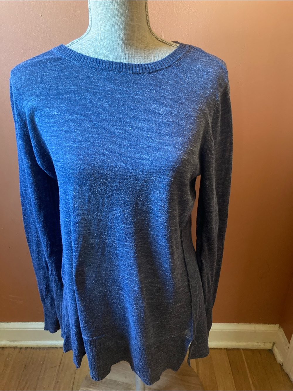 Basic Editions Heathered Navy Crewneck Lightweight Tunic Sweater